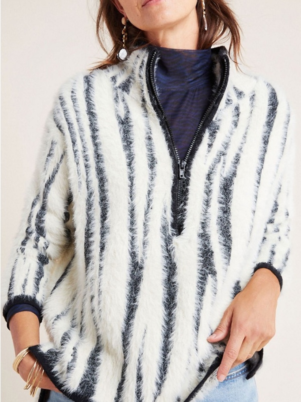 Anthropologie Cindy Eyelash Sweater in a cream and black zebra print, sz medium